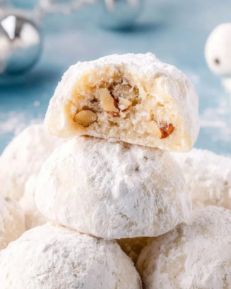 Plate of delicious homemade Snowball Cookies rolled in powdered sugar