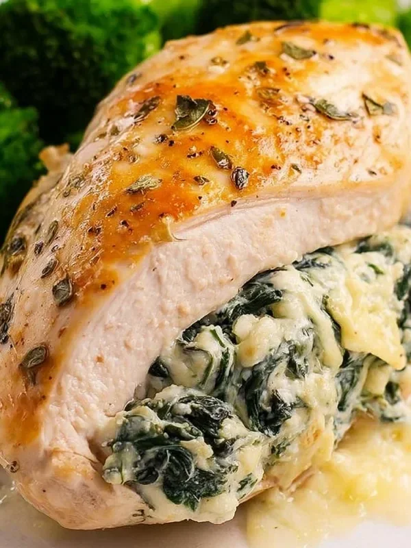 Spinach stuffed chicken breast with cheese and herbs, garnished with fresh parsley.