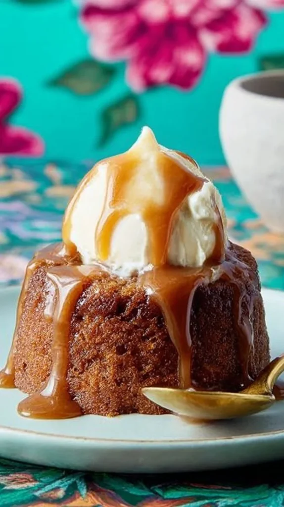 Delicious sticky toffee pudding served with creamy sauce and vanilla ice cream.