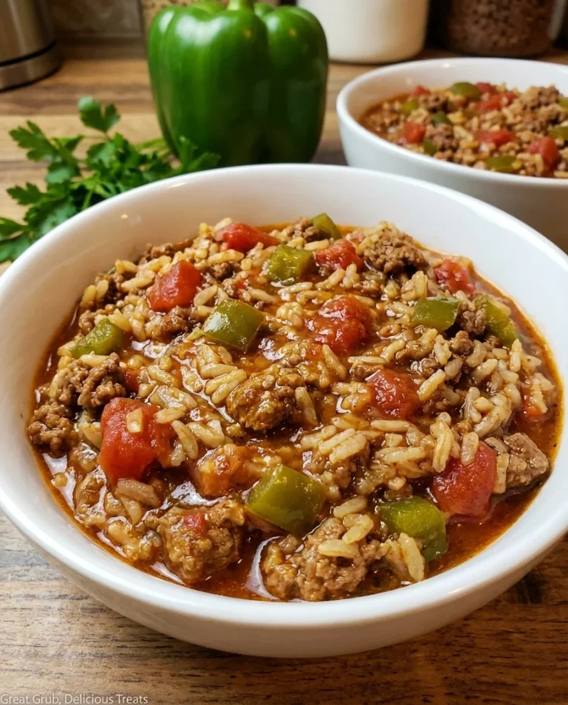 Bowl of hearty stuffed bell pepper soup with colorful bell peppers and spices