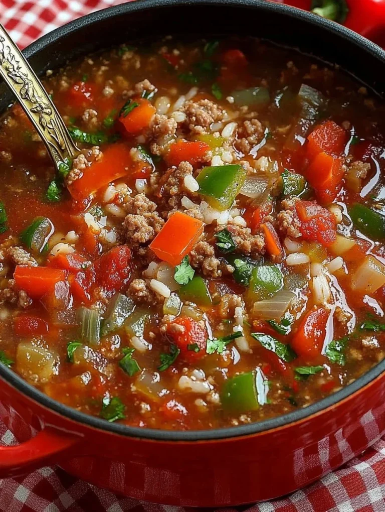 Bowl of delicious stuffed pepper soup garnished with herbs