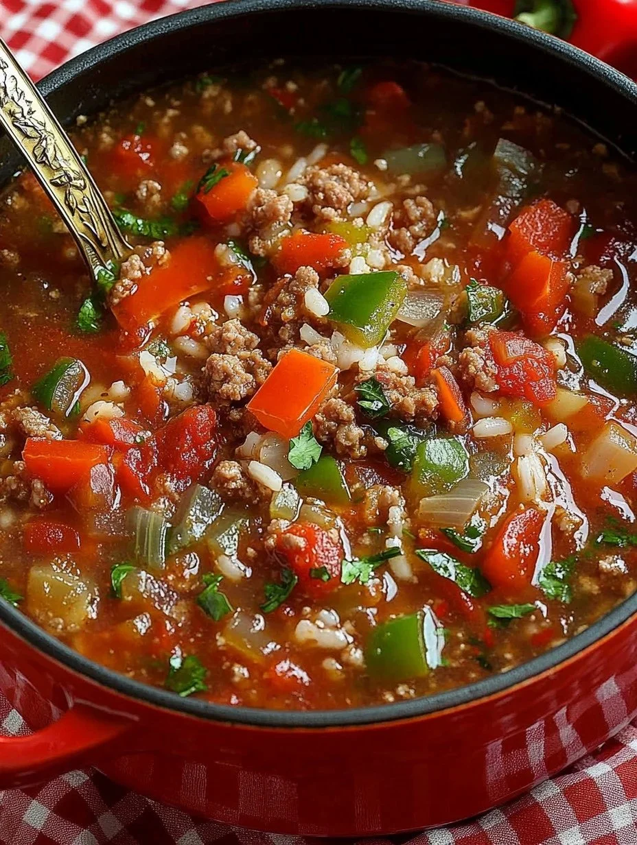 Stuffed Pepper Soup Bowl of delicious stuffed pepper soup garnished with herbs