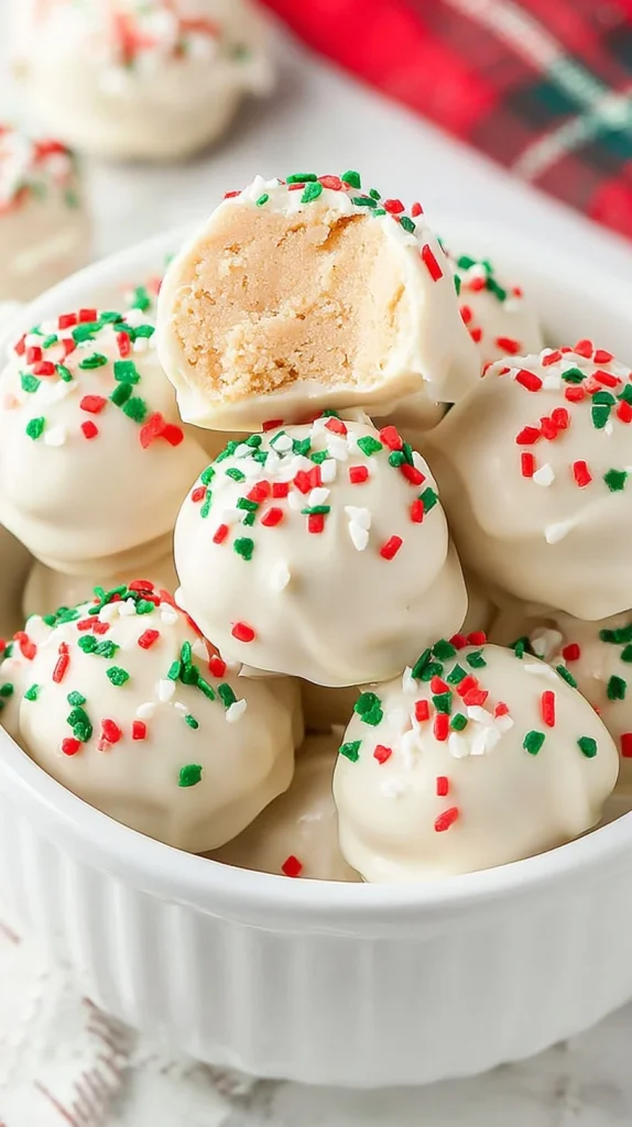Delicious sugar cookie truffles topped with sprinkles on a decorative plate.
