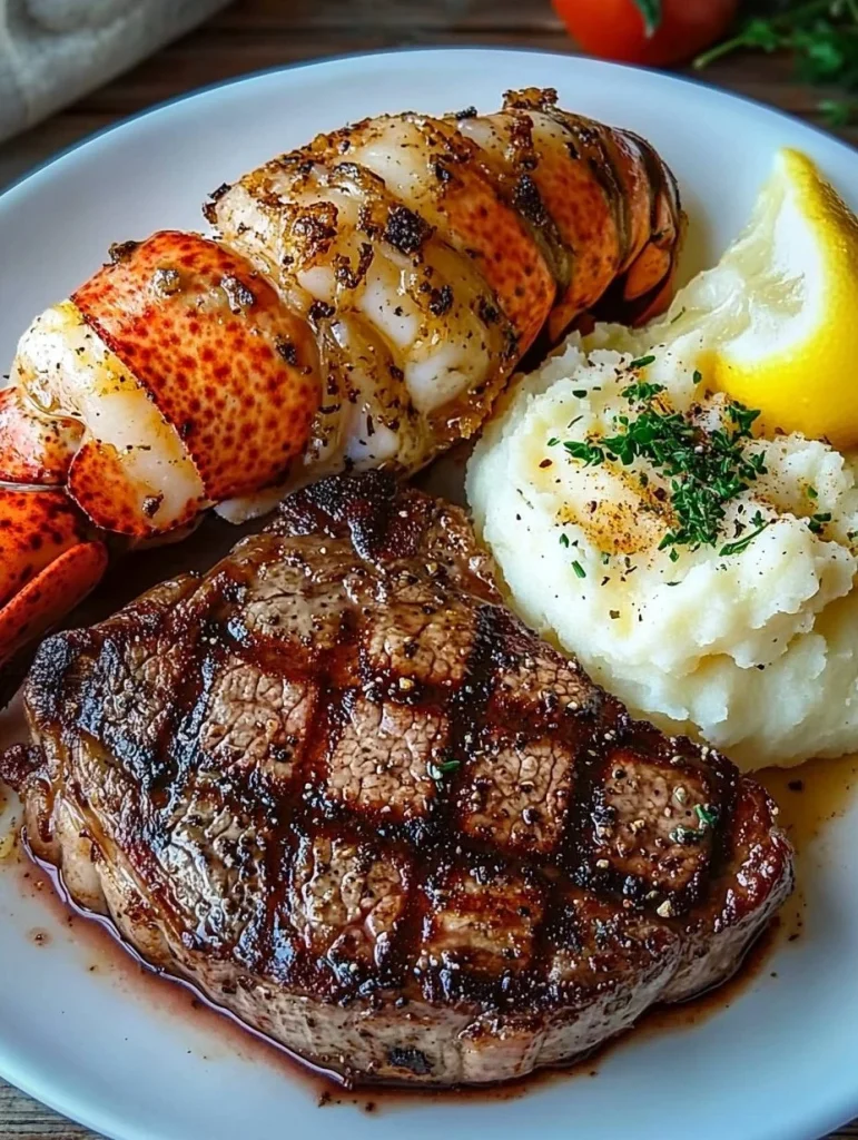 Delicious Surf and Turf dish featuring steak and seafood.