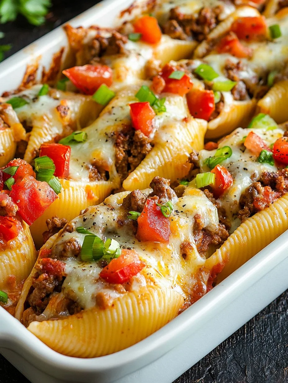 Taco-Stuffed Shells filled with ground beef, cheese, and toppings on a plate.