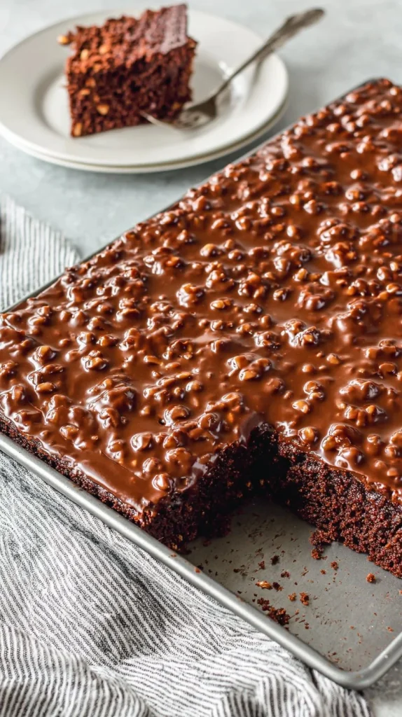 Delicious Texas Sheet Cake topped with chocolate frosting and pecans
