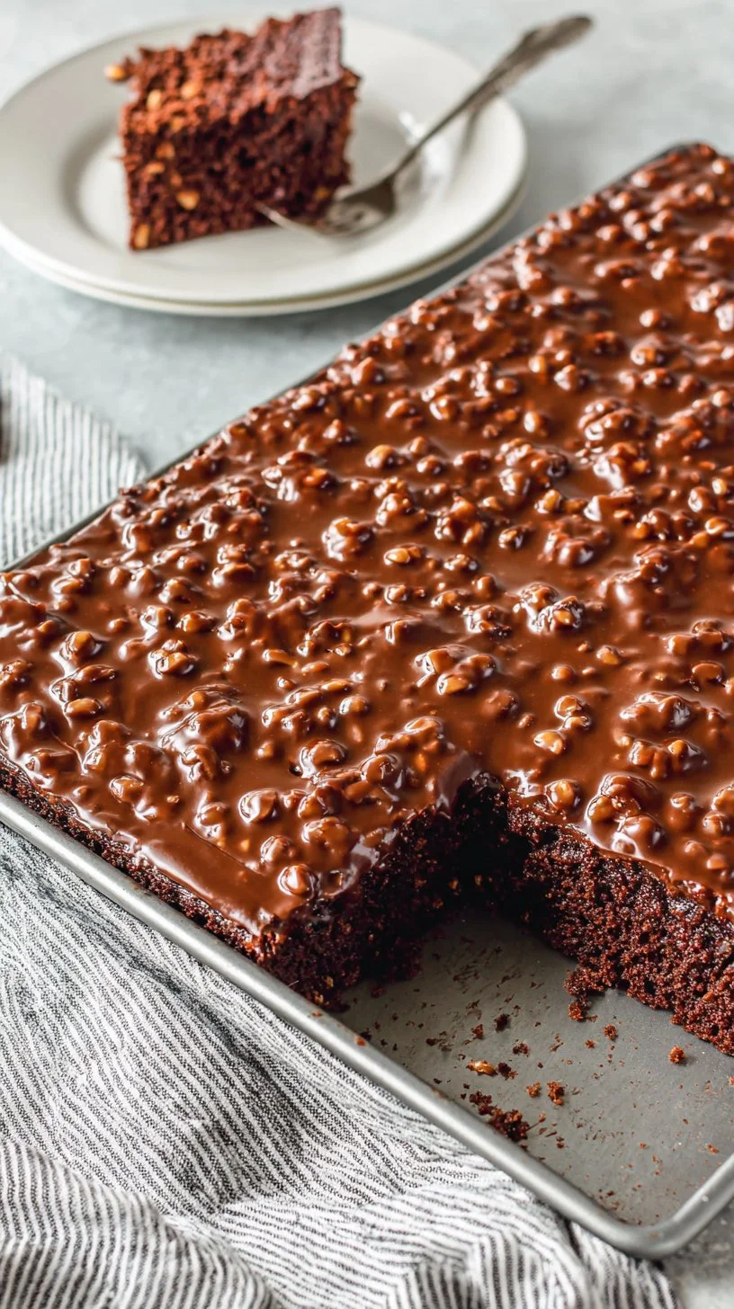 Delicious Texas Sheet Cake topped with chocolate frosting and pecans
