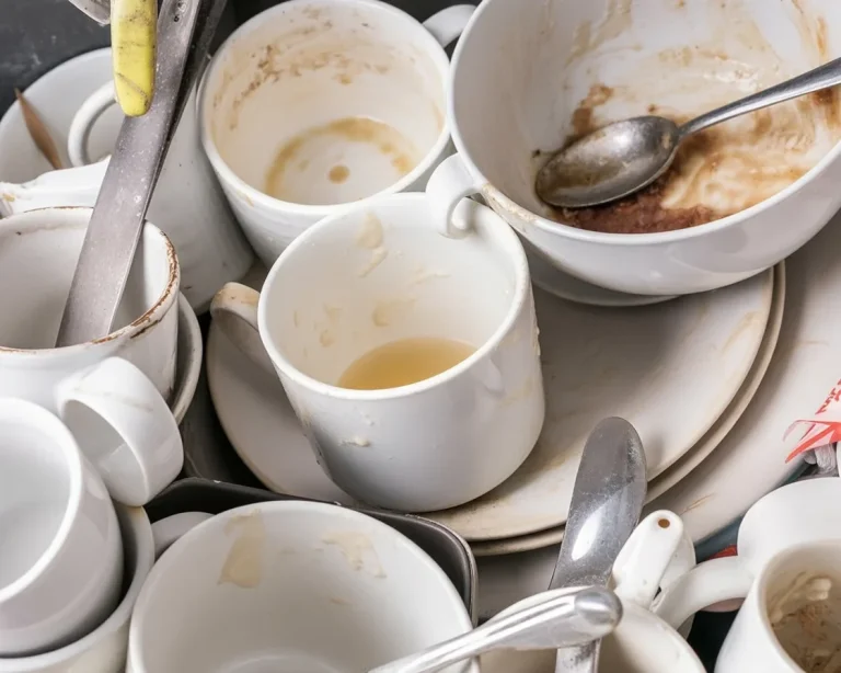 A sink with dirty dishes representing psychological meaning of leaving them unwashed