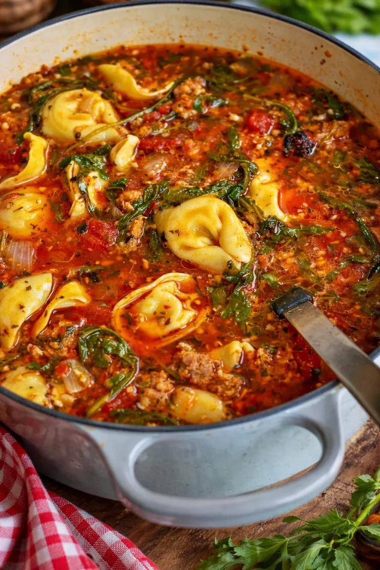 Delicious tortellini soup with fresh herbs and vegetables in a bowl