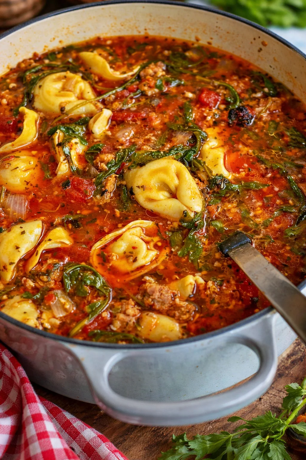 Delicious tortellini soup with fresh herbs and vegetables in a bowl