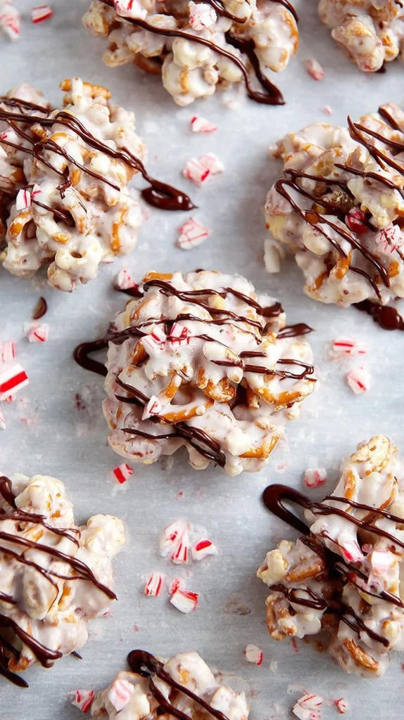 White chocolate peppermint pretzel bites decorated with crushed candy canes