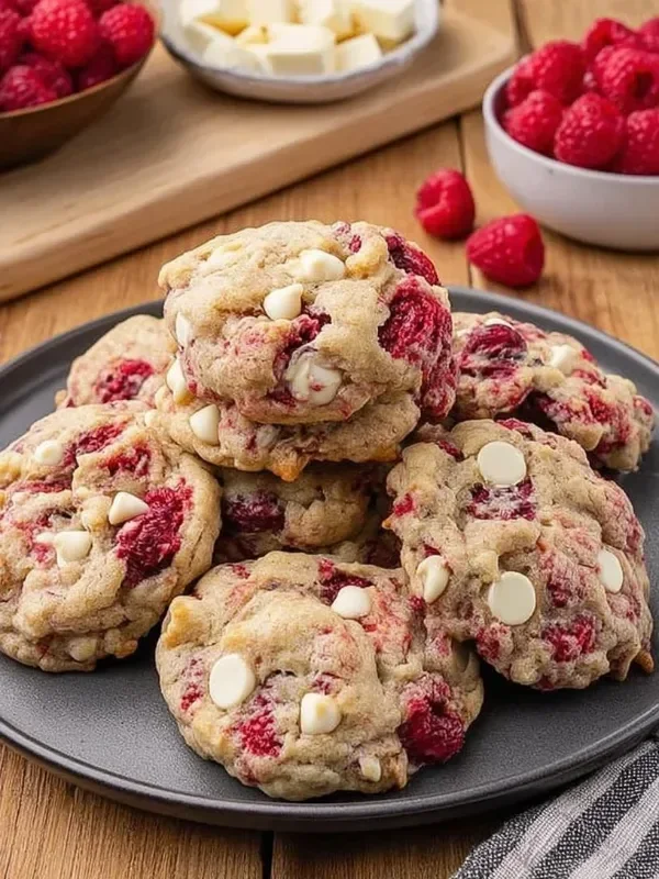 Delicious White Chocolate Raspberry Cookies on a baking sheet.