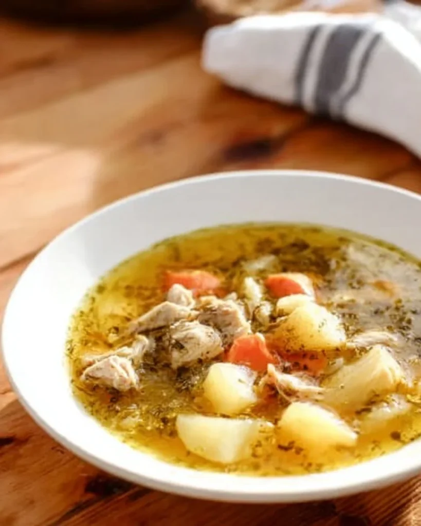 Bowl of Whole30 Instant Pot Chicken Soup bursting with fresh vegetables and herbs