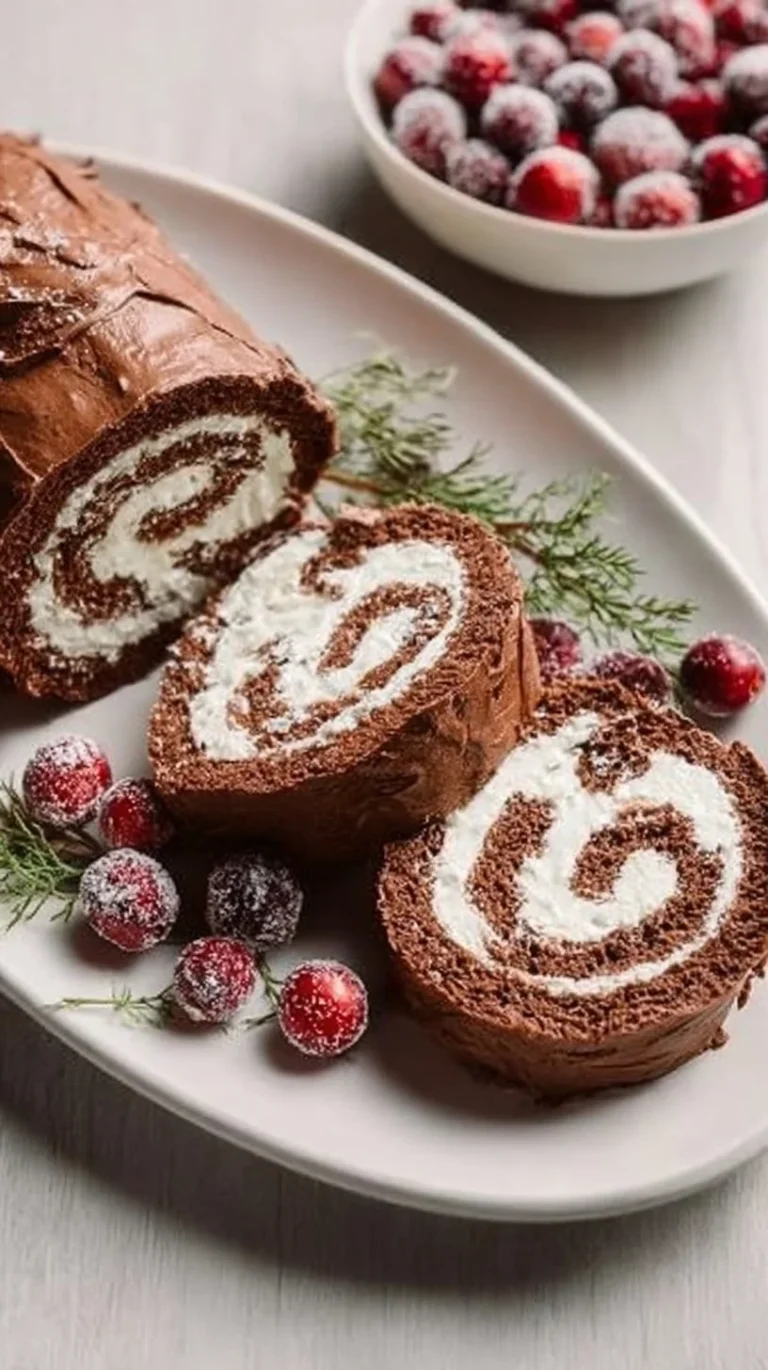 Delicious homemade Yule Log dessert with festive decorations for the holidays.