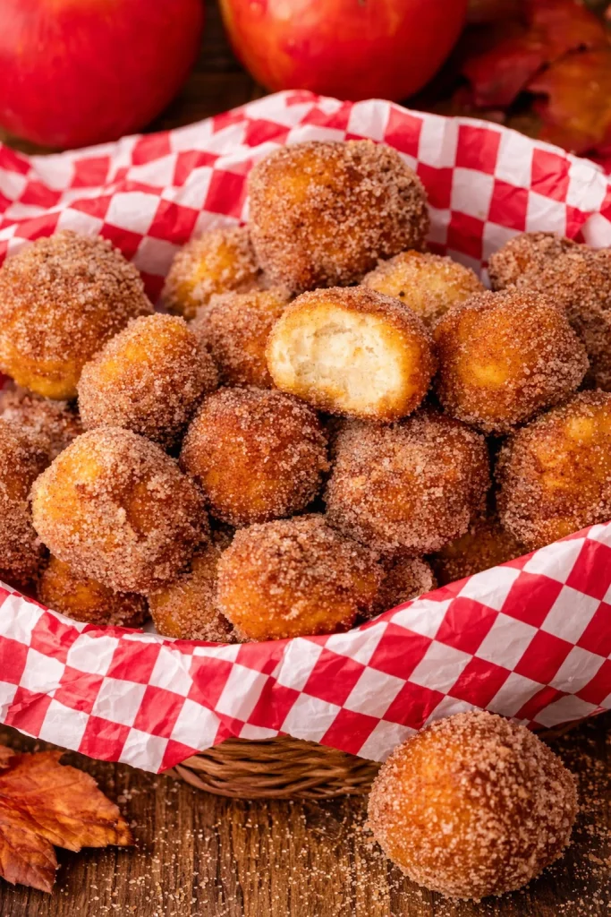 Apple pie donut holes dusted with cinnamon sugar and ready to enjoy.