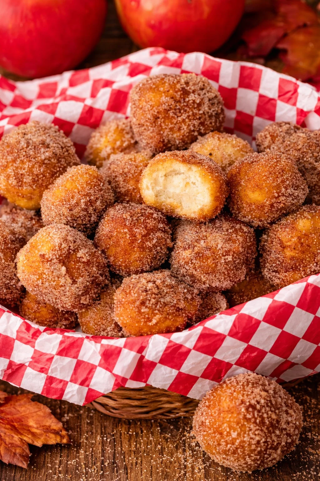 Apple pie donut holes dusted with cinnamon sugar and ready to enjoy.