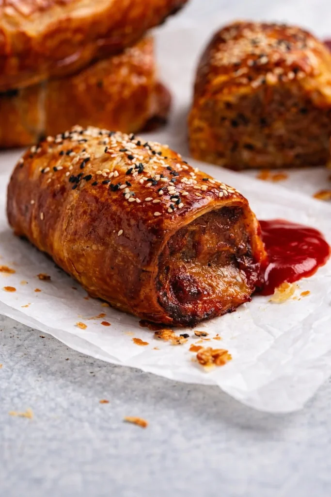 Delicious B85 beef sausage rolls served on a platter
