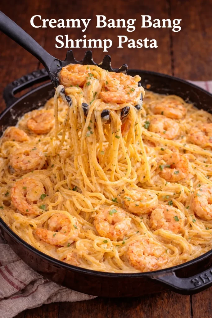Plate of Bang Bang Shrimp Pasta garnished with herbs and spices