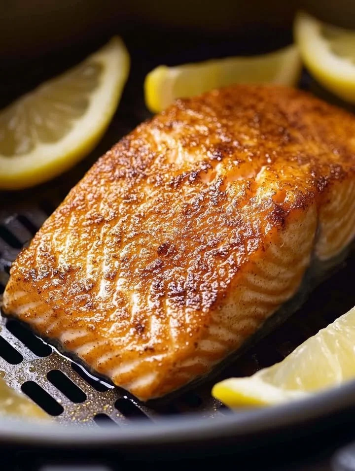 Deliciously cooked air fryer salmon served on a plate with herbs
