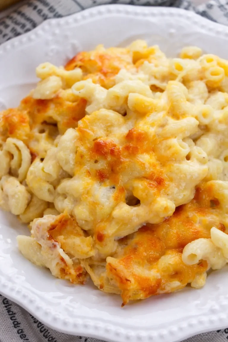 Delicious baked macaroni cheese in a golden casserole dish