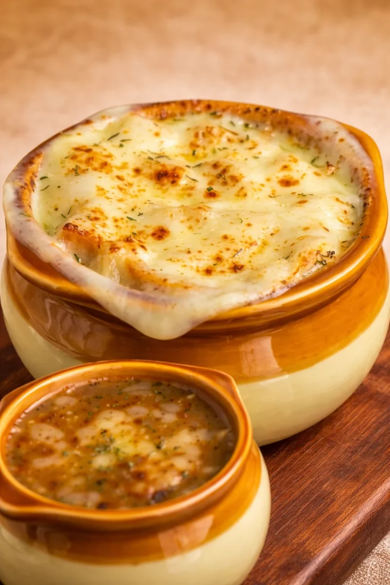 Best French Onion Soup A bowl of the best French onion soup topped with melted cheese and fresh herbs.