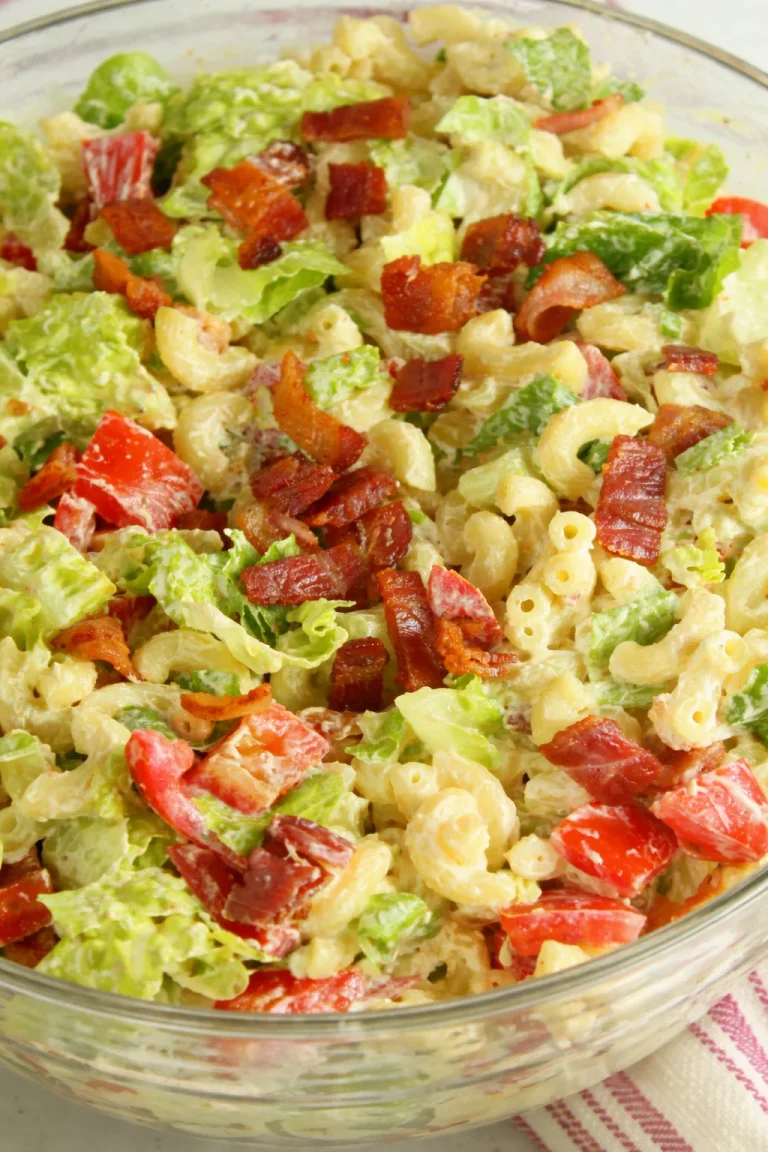 Fresh BLT Pasta Salad with bacon, lettuce, and tomatoes in a bowl