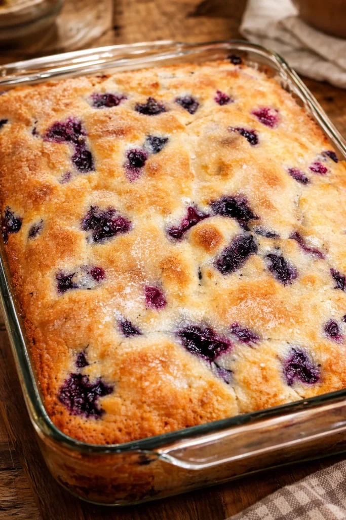 Blueberry buttermilk breakfast cake with fresh blueberries on top