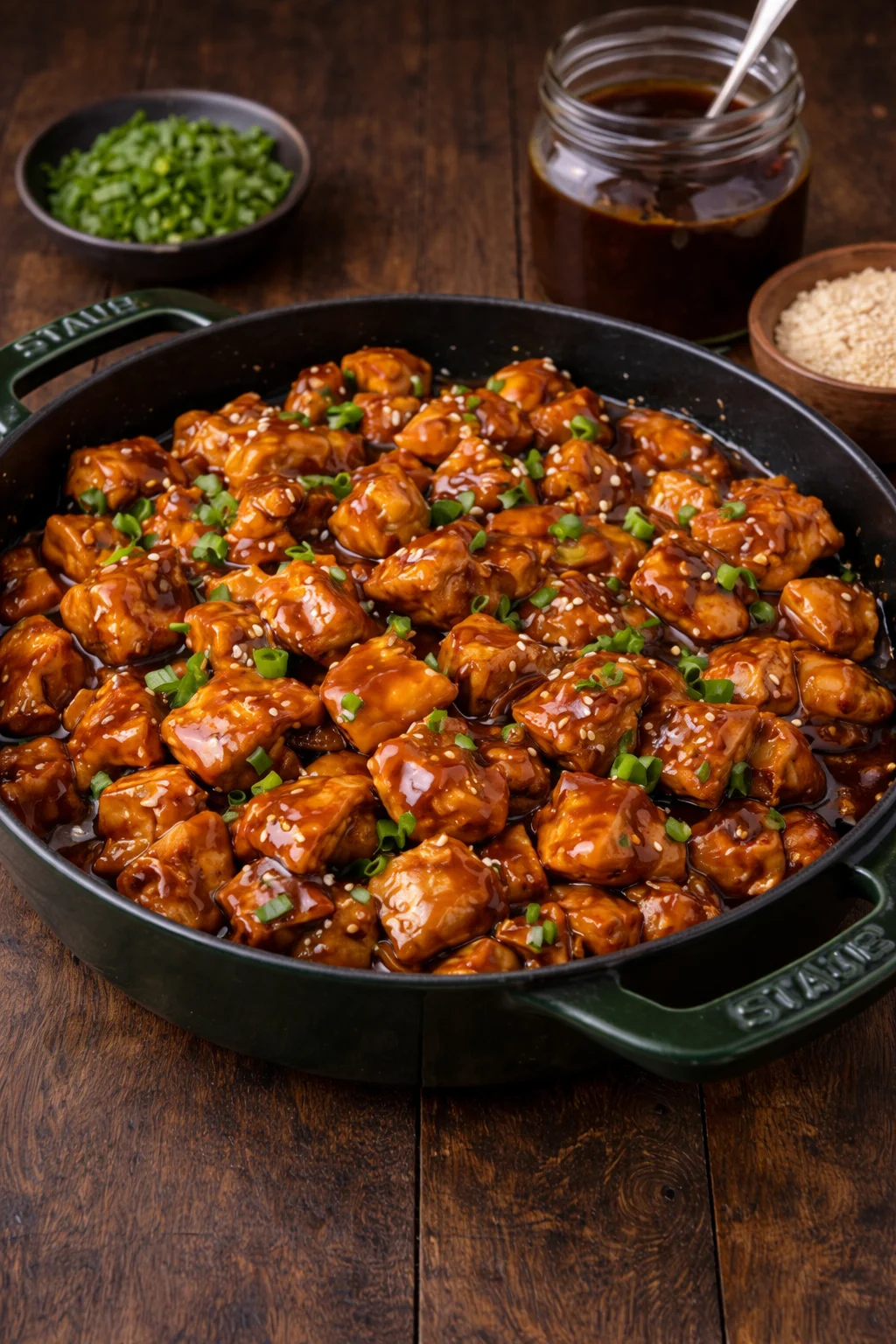 Delicious Bourbon Chicken Skillet served in a pan