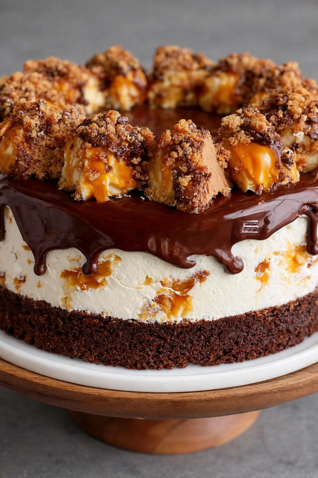 Delicious Butterfinger Bomb Cake topped with chocolate and crushed Butterfinger bars