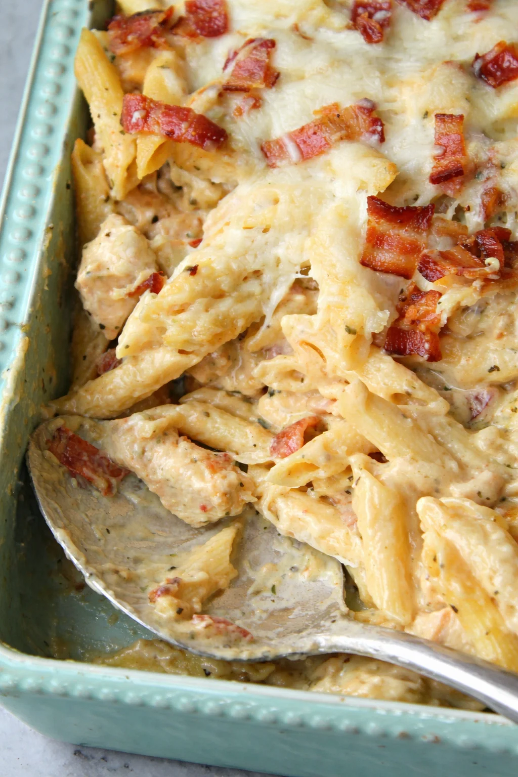 Chicken Bacon Ranch Penne Delicious Chicken Bacon Ranch Penne served in a creamy sauce with crispy bacon
