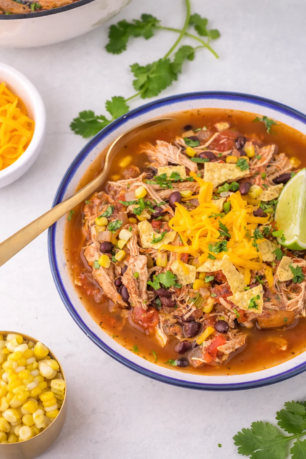 Chicken Taco Soup Delicious bowl of Chicken Taco Soup topped with cilantro and avocado