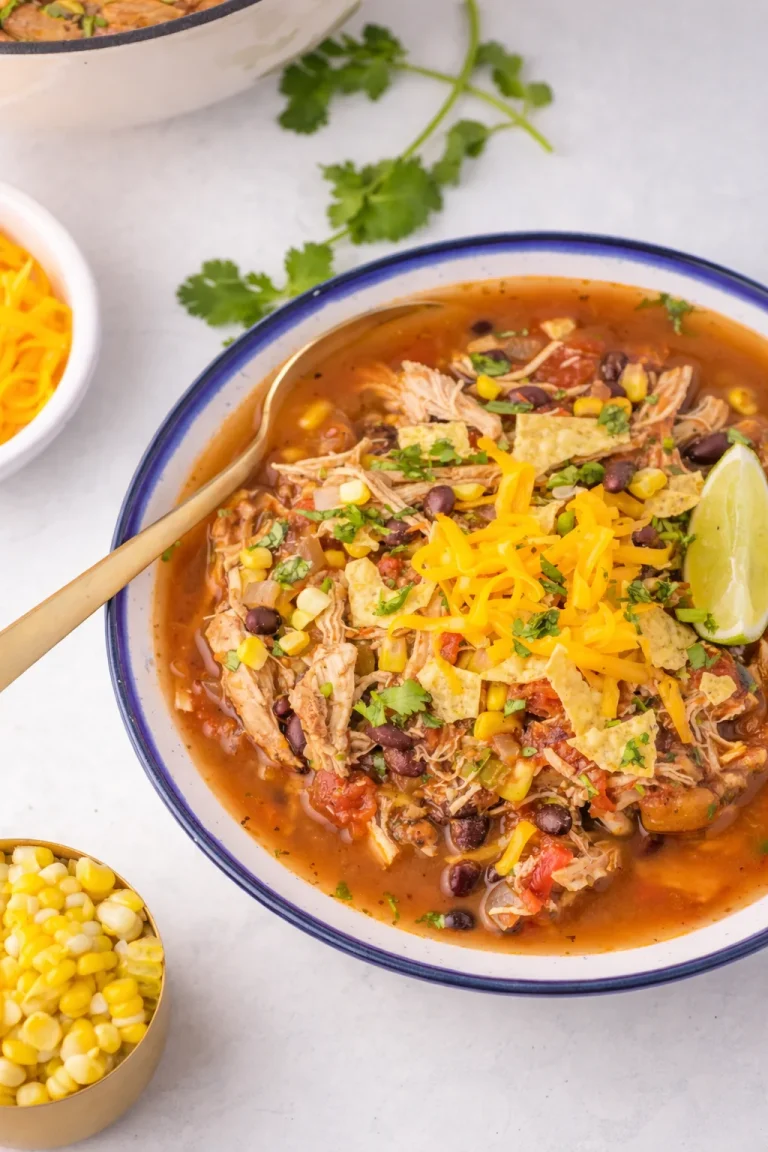 Delicious Chicken Taco Soup in a bowl garnished with cilantro and lime.