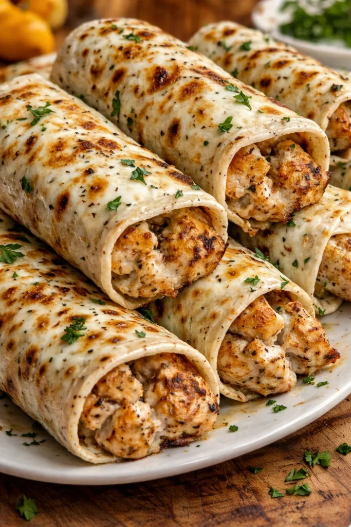 Savory chicken wraps filled with garlic and cheese, garnished with fresh ingredients