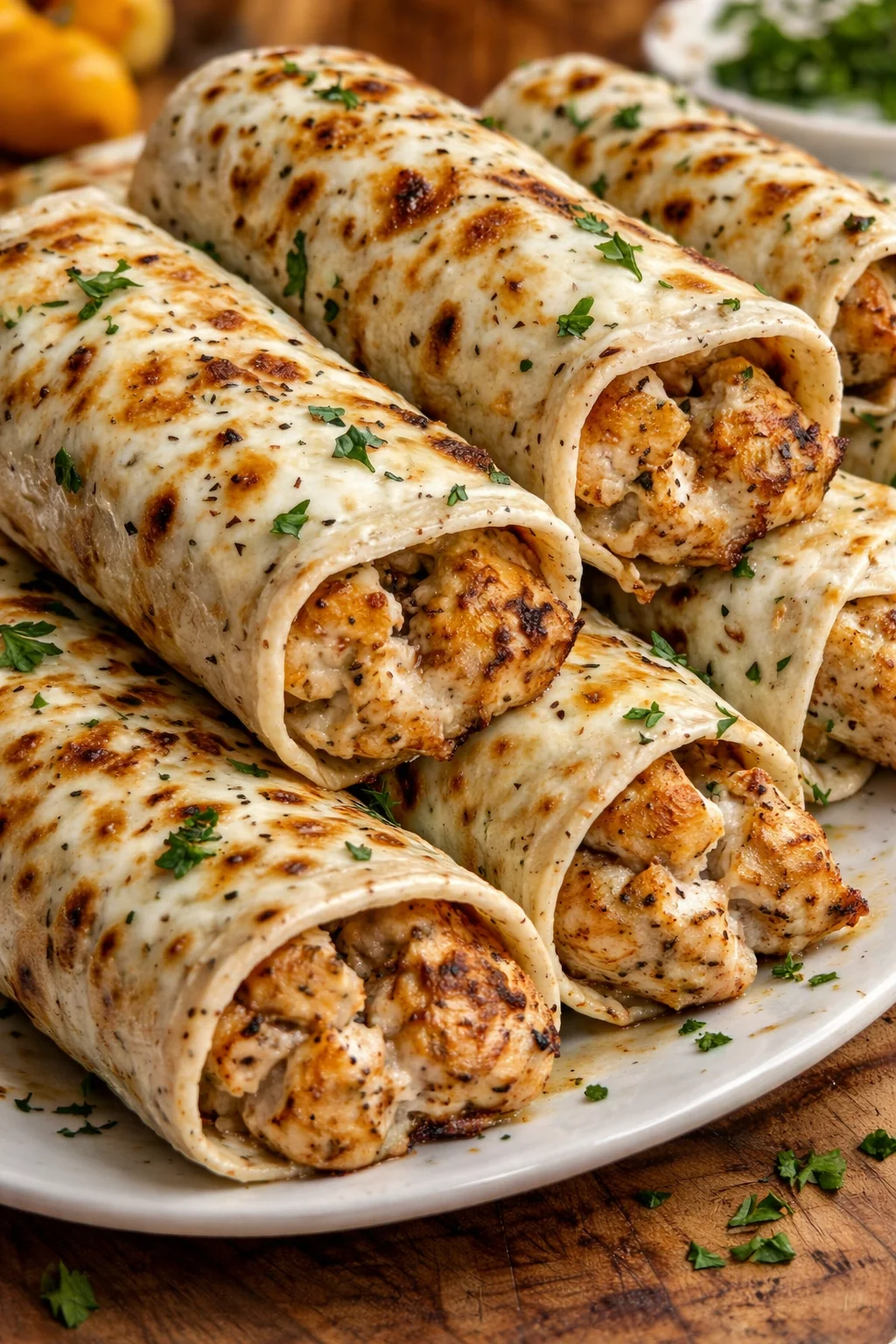 Savory chicken wraps filled with garlic and cheese, garnished with fresh ingredients