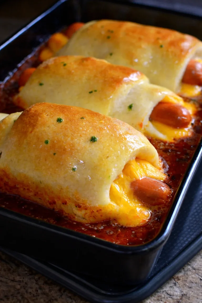 Chili Cheese Dog Bake topped with melted cheese and chili