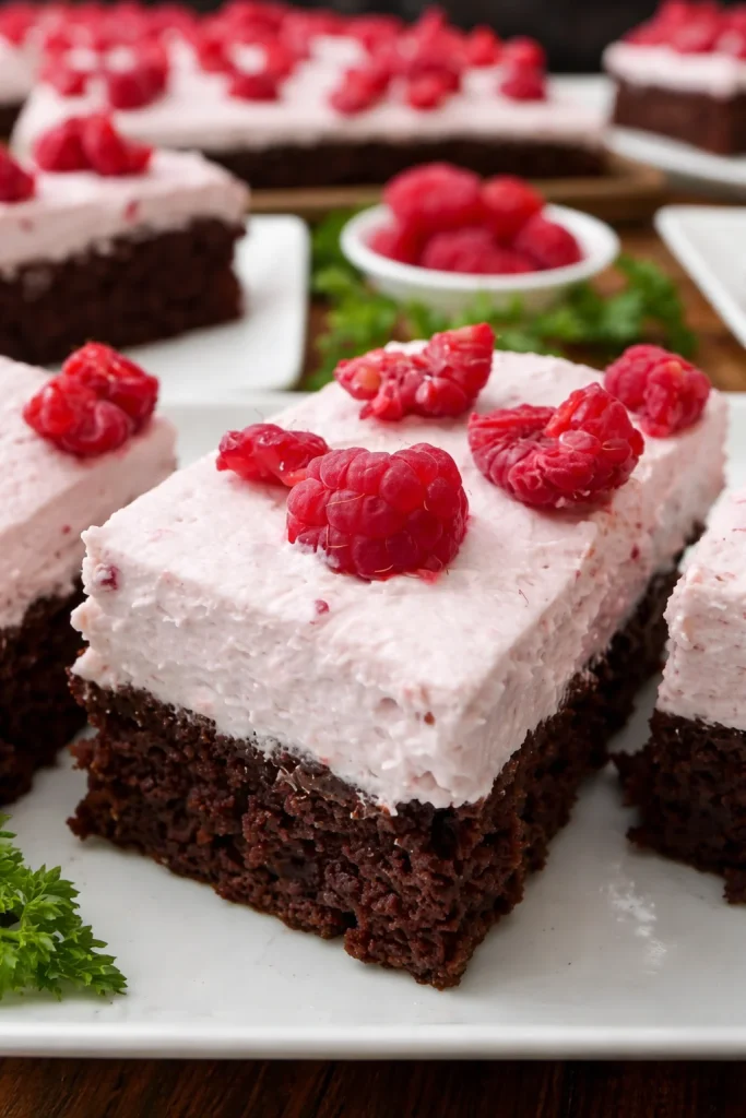 Delicious and rich chocolate raspberry bars served on a plate