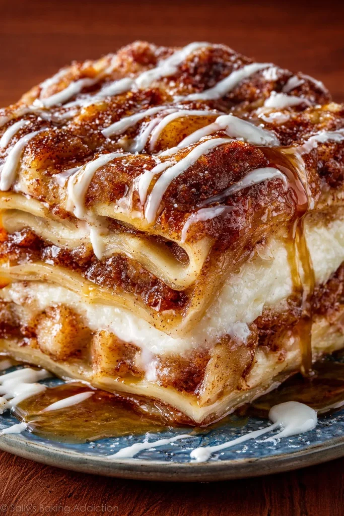 Delicious cinnamon roll apple lasagna dessert with layers of cinnamon and apples.