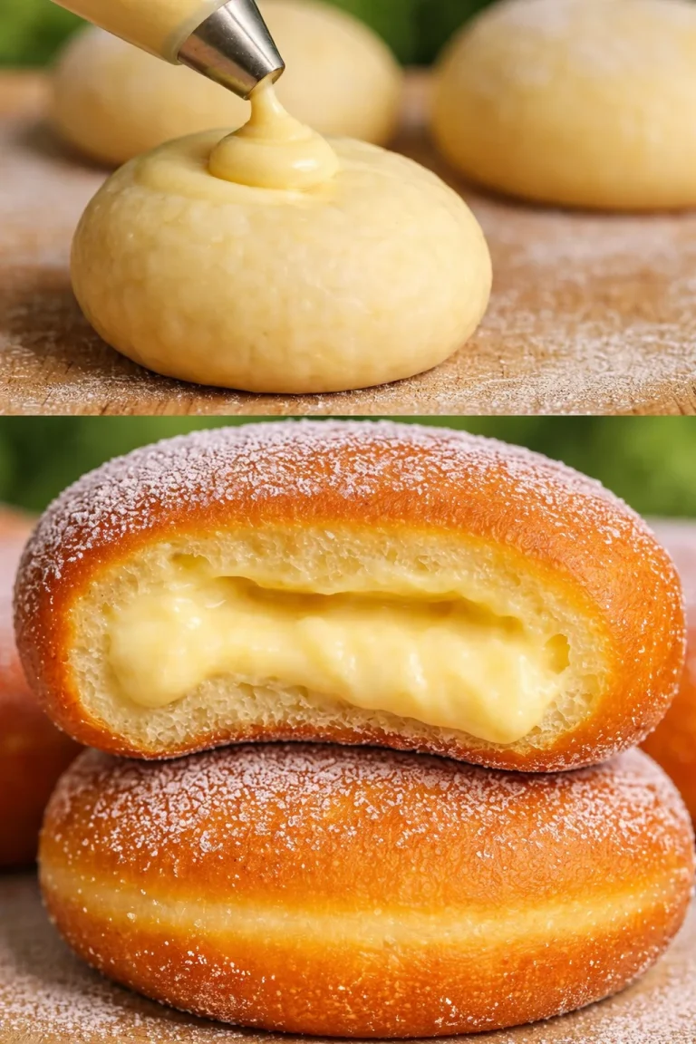 Delicious classic Italian Bomboloni filled doughnuts on a plate
