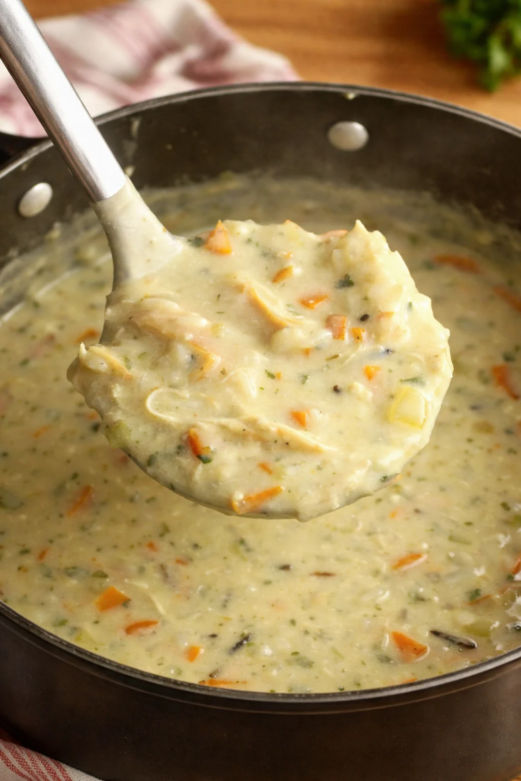 Copycat Panera Chicken & Wild Rice Soup Bowl of homemade copycat Panera Chicken & Wild Rice Soup with fresh ingredients