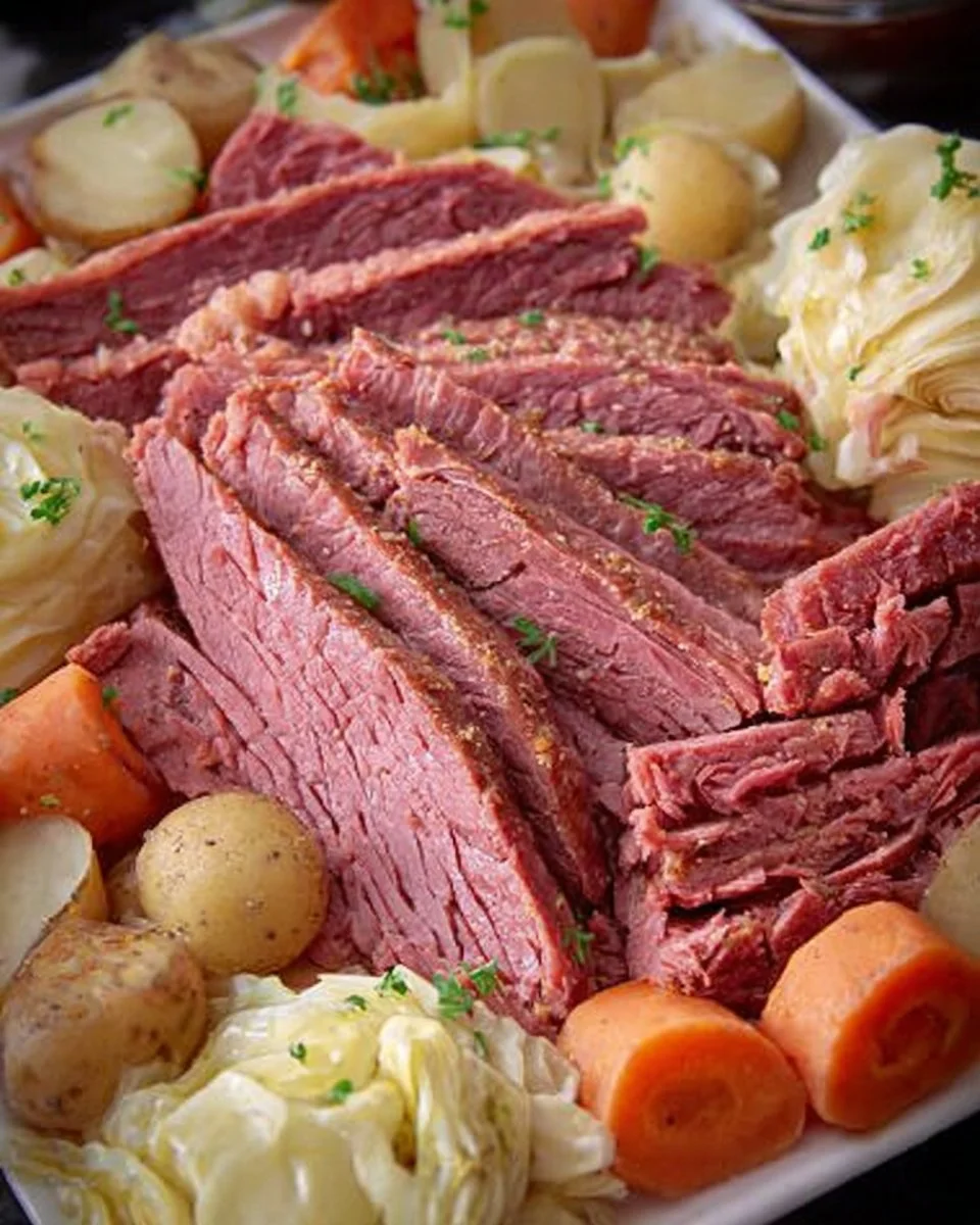 Corned beef served with cabbage, carrots, and baby red potatoes in a hearty dish
