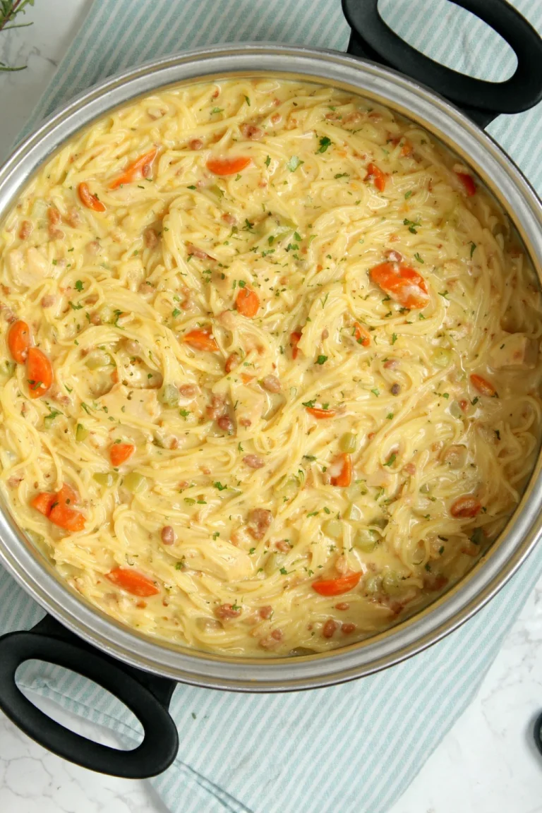 Bowl of Crack Chicken Noodle Soup with chicken, noodles, and veggies