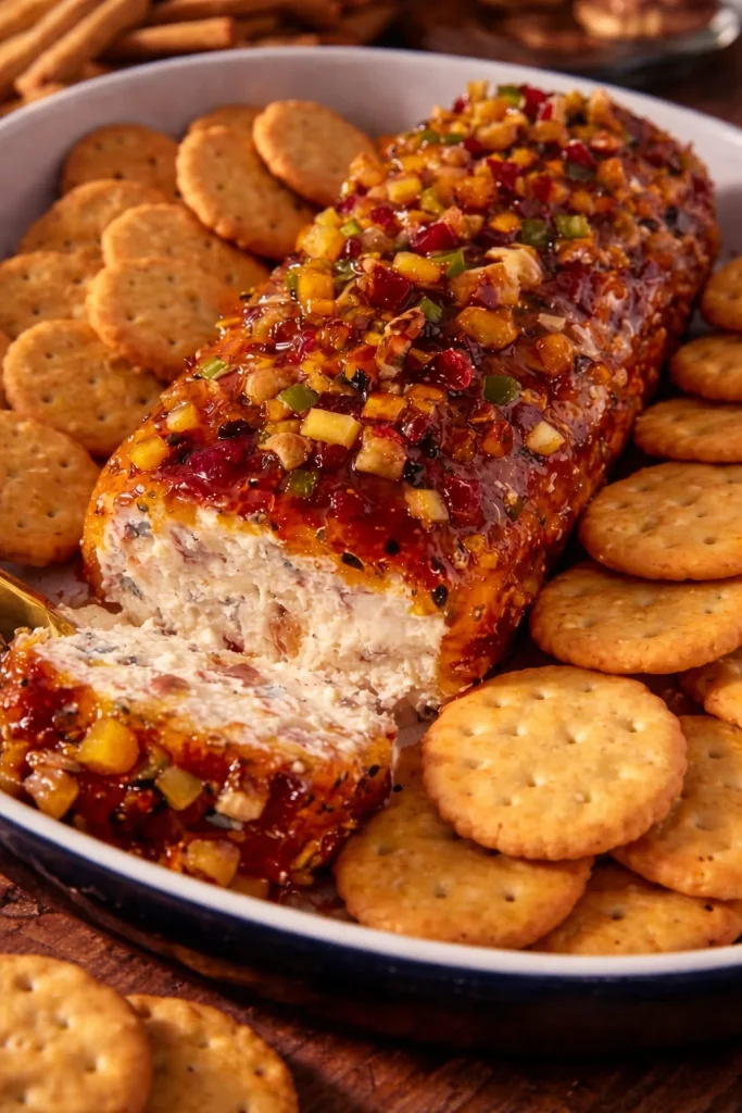 Cream Cheese Botana topped with bacon and walnuts in a serving dish.