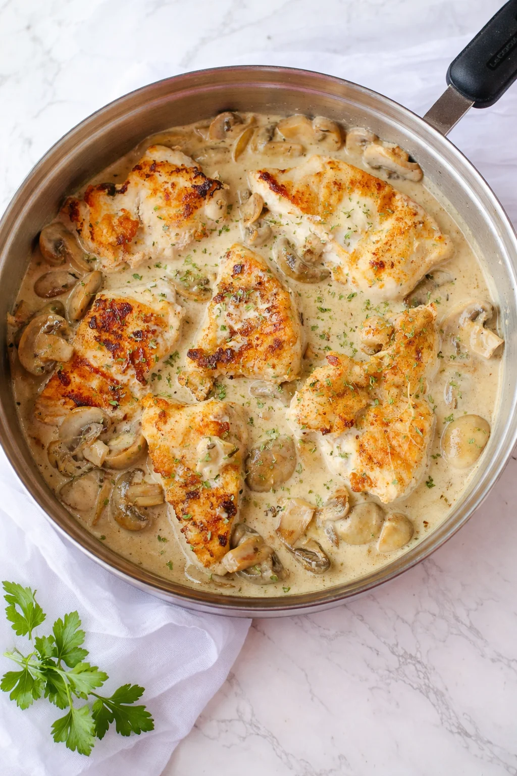 Creamy Asiago Chicken Creamy Asiago chicken served with herbs and spices.