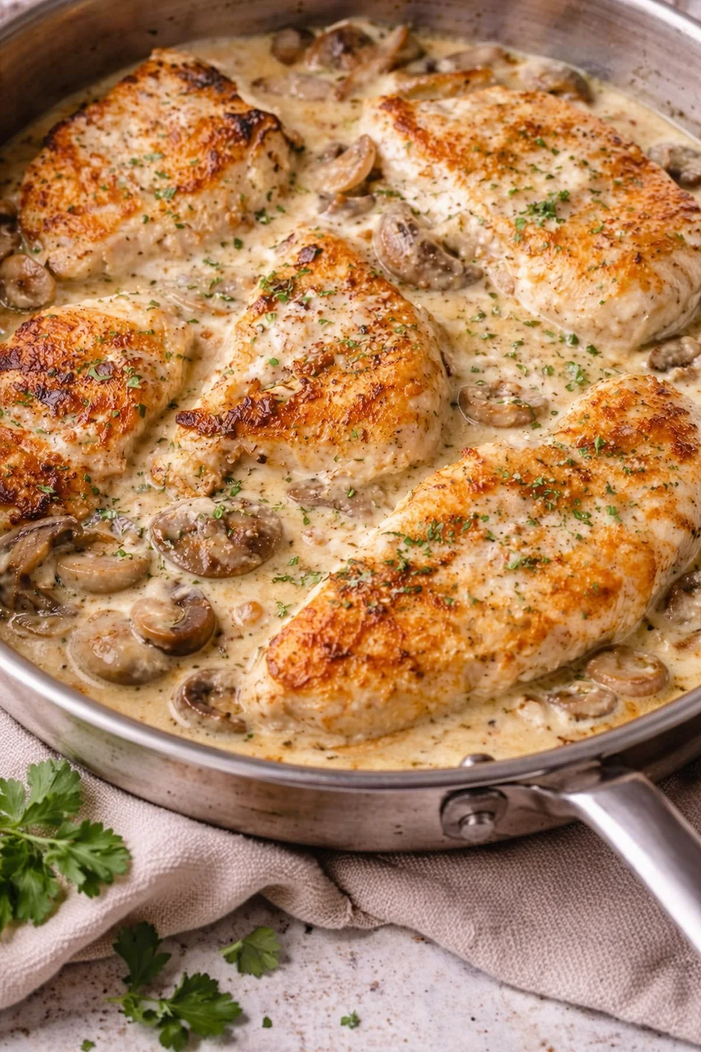 Creamy Asiago Chicken Creamy Asiago Chicken served with herbs and vegetables