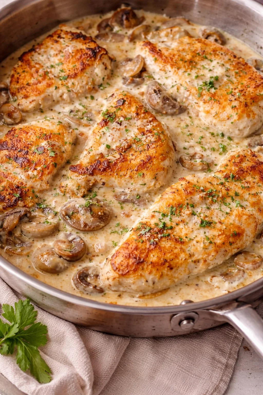 Creamy Asiago chicken dish garnished with herbs