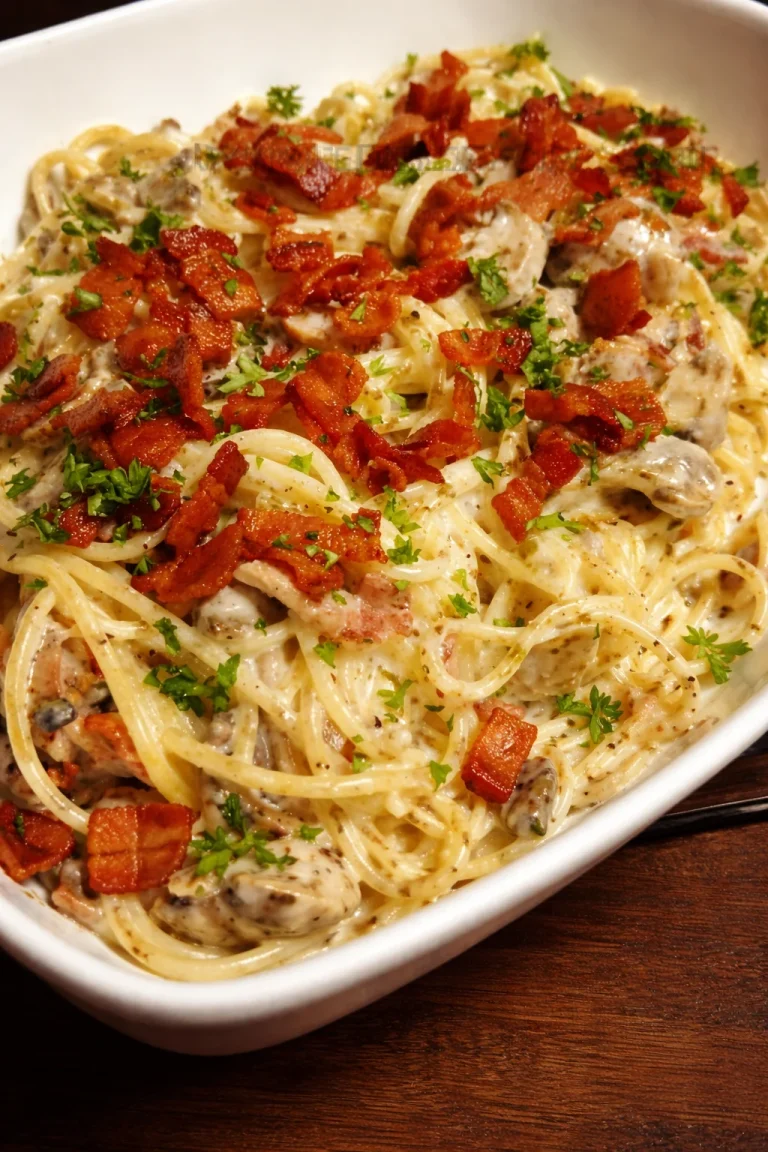 Creamy bacon carbonara with chicken served in a bowl
