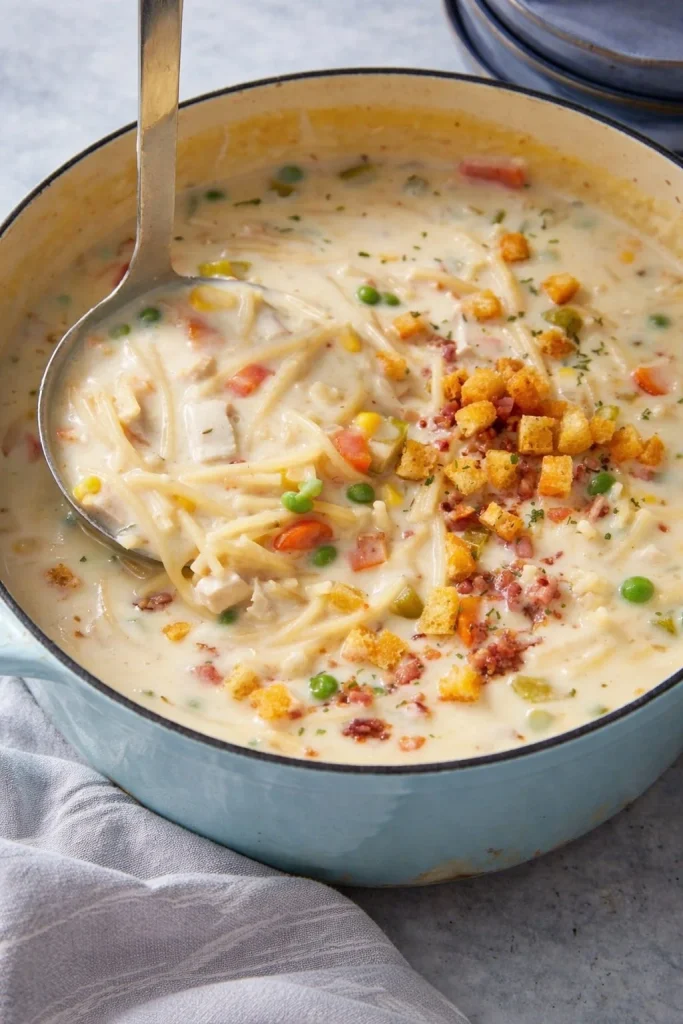 Creamy Chicken Noodle Soup with Mini Croutons