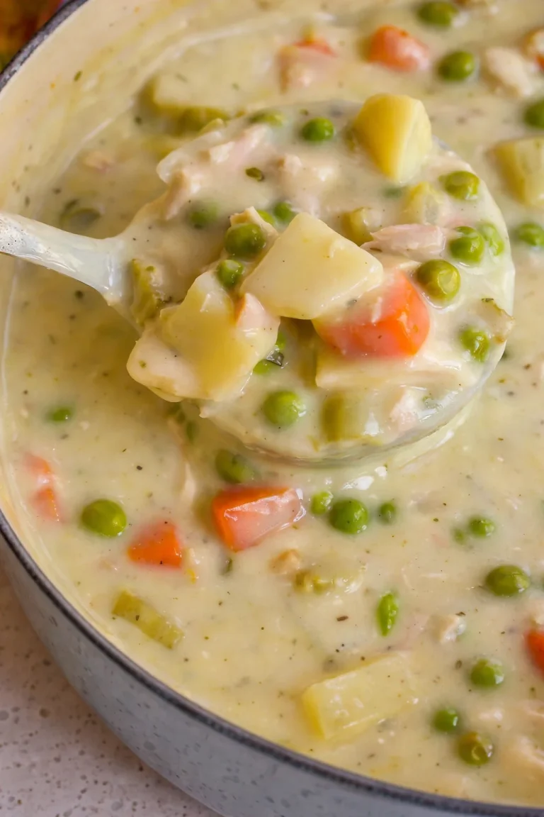 Creamy chicken pot pie soup in a bowl, showcasing comfort food ingredients
