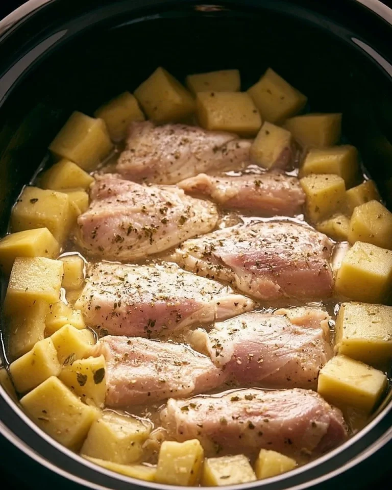 Creamy slow cooker chicken and potatoes dish served in a bowl