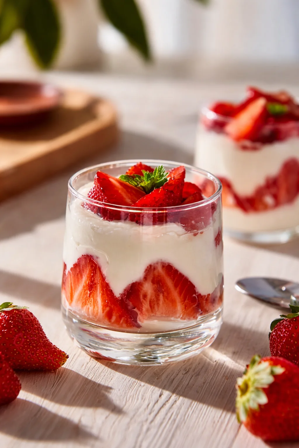 Delicious creamy strawberries served in a bowl with cream topping